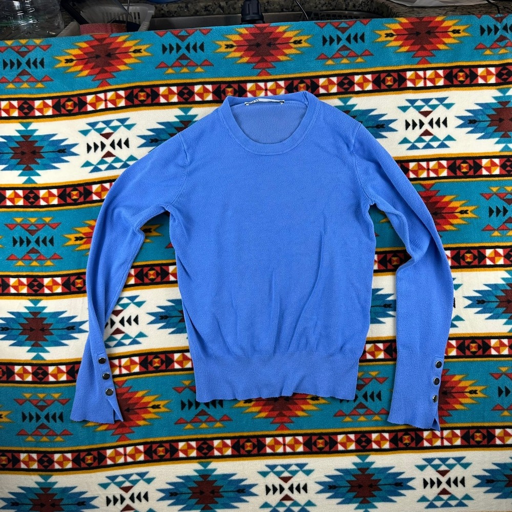 Zara Knit Sweater Button Cuff Long Sleeve Periwinkle Blue Top Size M - Picture 2 of 6